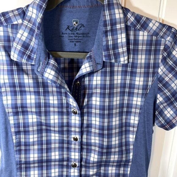Kuhl women’s blue plaid button up shirt with stretch fabric sides size small - Picture 3 of 10